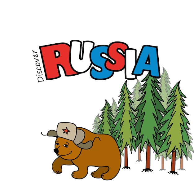 Russia Cartoon smiling bear in a cap with earflaps pine forest in the background Vector