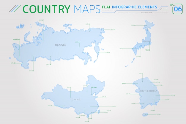 Russia, China, Japan and South Korea Vector Maps