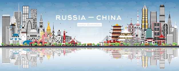 Vector russia and china skyline with gray buildings blue sky and reflections famous landmarks china and russia concept diplomatic relations between countries