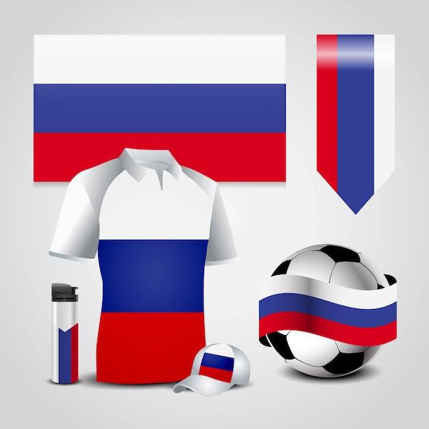 Russia country flag place on t-shirt, lighter, soccer ball, football and sports hat