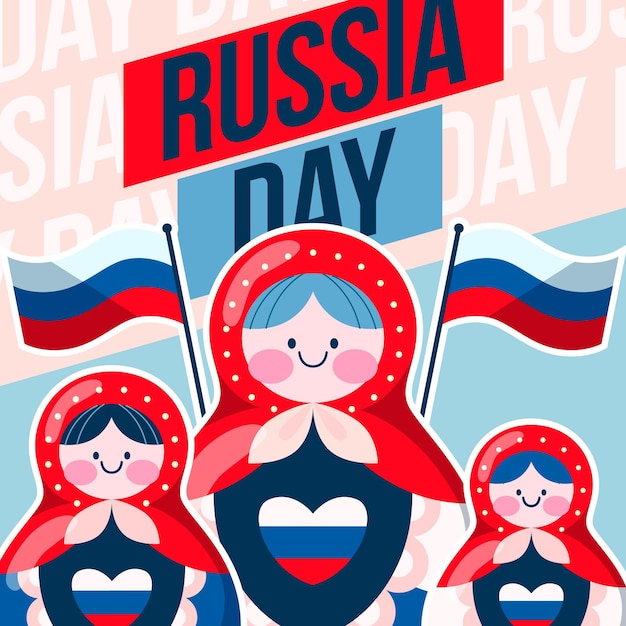 Russia day with matrioshka dolls and flags