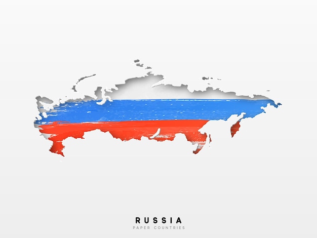 Russia detailed map with flag of country. Painted in watercolor paint colors in the national flag.