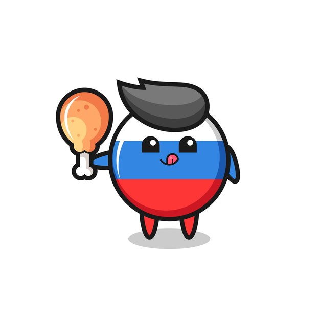 Russia flag badge cute mascot is eating a fried chicken