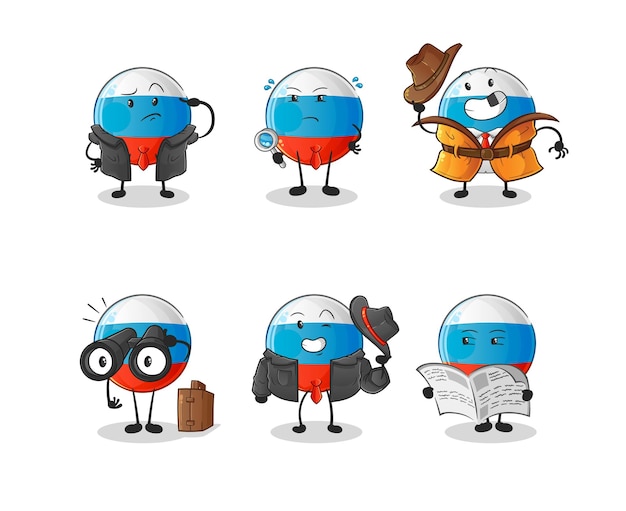 Vector russia flag detective group character. cartoon mascot vector