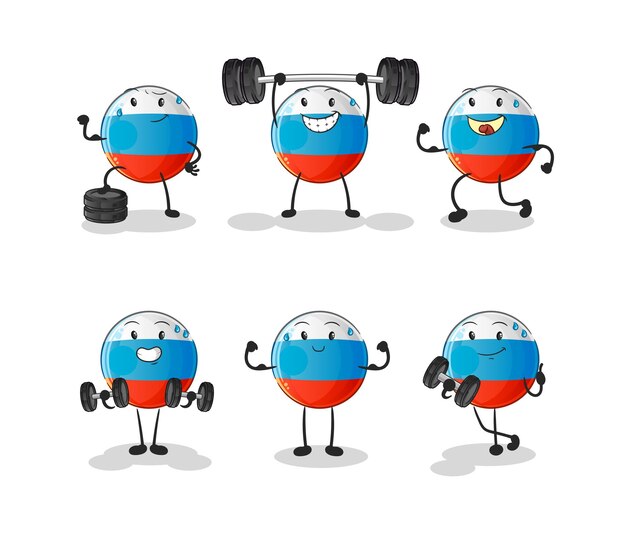 Carattere stabilito di esercizio della bandiera della russia. vettore mascotte dei cartoni animati