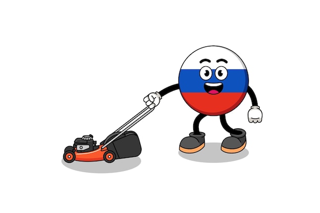 Russia flag illustration cartoon holding lawn mower character design