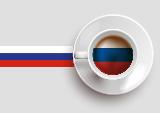Флаг россии с чашкой вкусного кофе на виде сверху и градиентным фоном