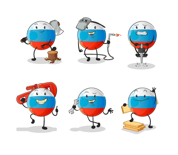 Russia flag worker set character. cartoon mascot vector