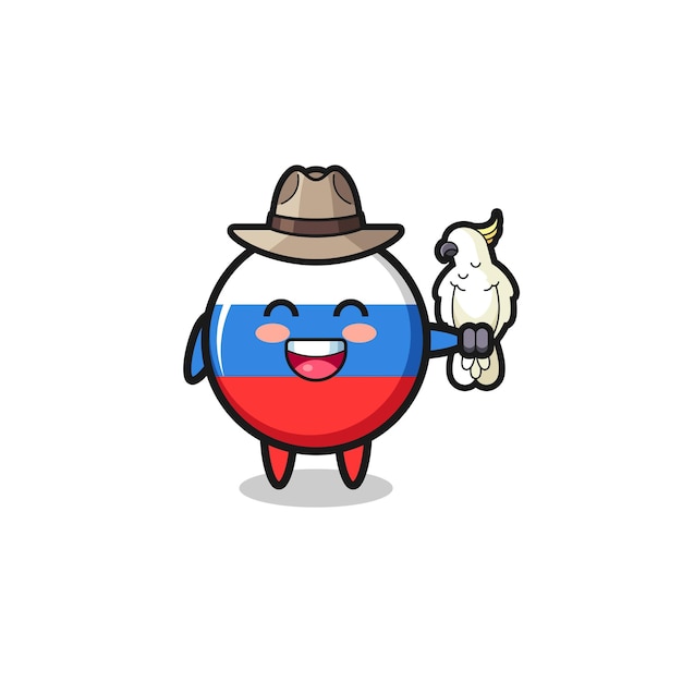 Russia flag zookeeper mascot with a parrot , cute design