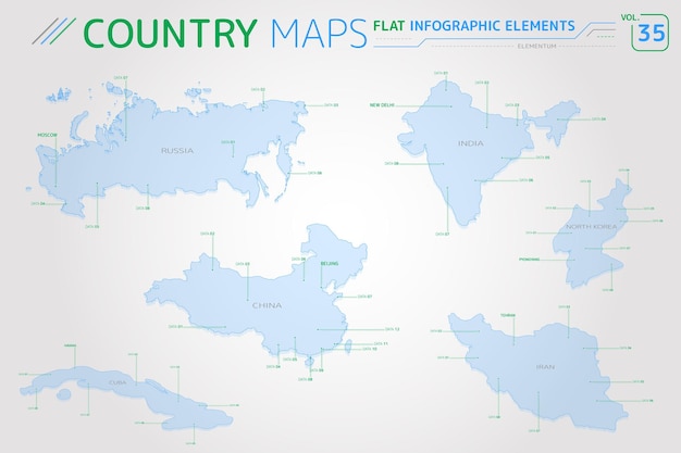 Russia india china north korea cuba and iran vector maps