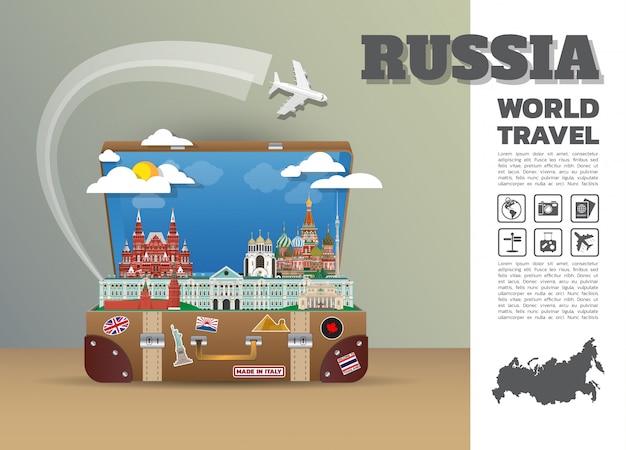 ロシアのランドマークグローバル旅行と旅インフォグラフィックの荷物。デザインテンプレート/イラスト。