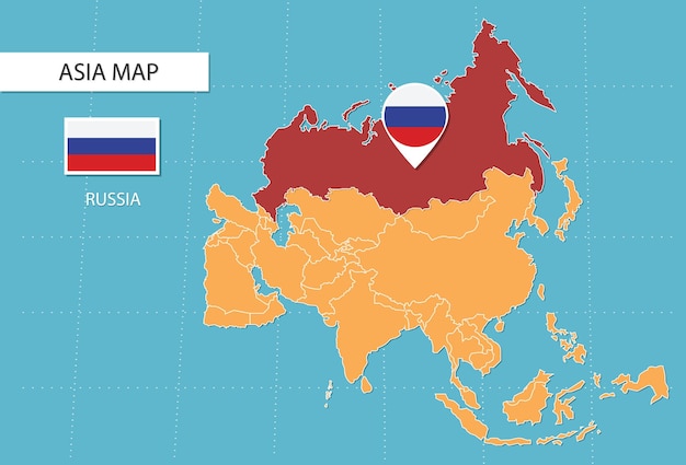 Russia map in asia, icons showing russia location and flags.