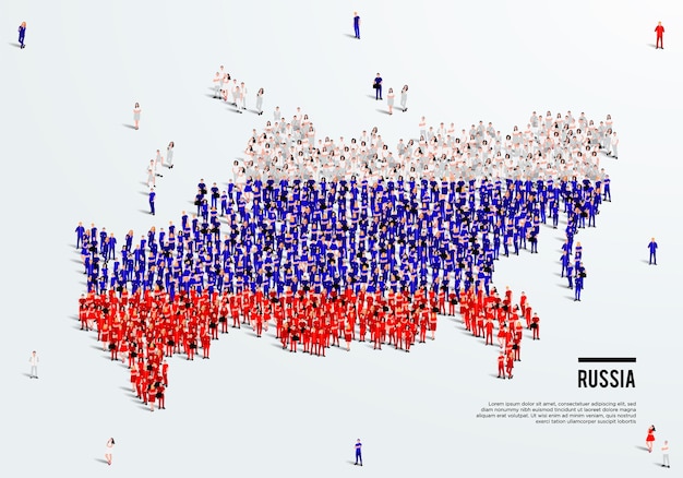 Mappa e bandiera della russia. un folto gruppo di persone in forma di colore della bandiera russa per creare la mappa.