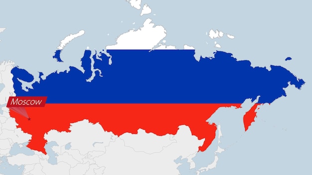 Russia map highlighted in Russia flag colors and pin of country capital Moscow