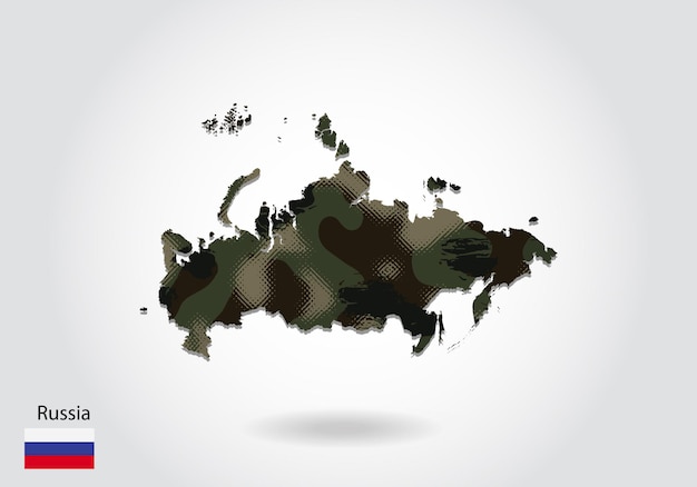 Russia map with camouflage pattern Forest green texture in map Military concept for army soldier and war coat of arms flag