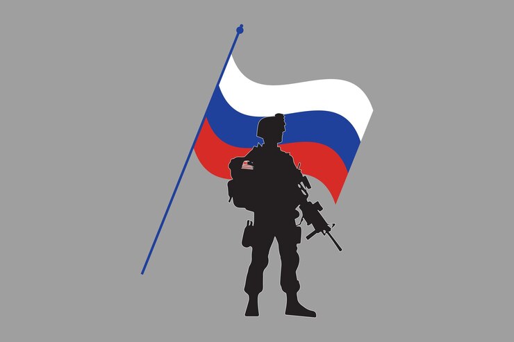Вектор российский солдат с флагом российский флаг векторный график