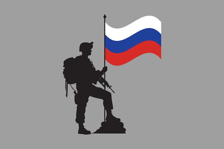Вектор российский солдат с флагом российский флаг векторный график