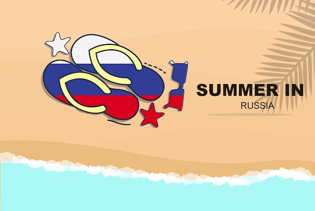 Russia summer holiday vector banner beach vacation flip flops sunglasses starfish on sand