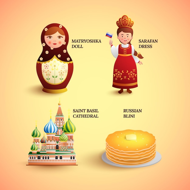 Vettore russia simboli tradizione design illustrazione vettore impostato con russo blini pancake vestito sarafan matrioska bambola cattedrale di san basilico