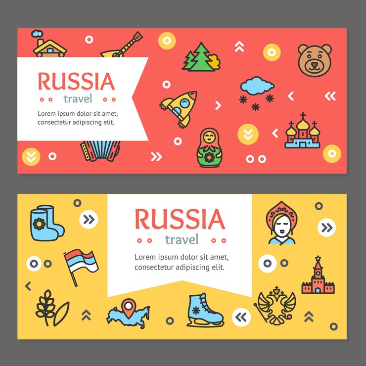Россия Путешествия и Туризм Флаер Баннер Плакаты Набор Карт Вектор
