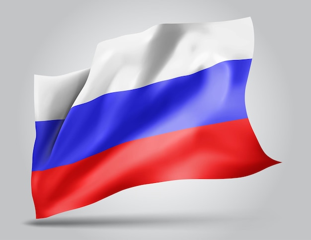Russia, vector flag with waves and bends waving in the wind on a white background.