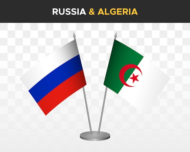 Mockup di bandiere da scrivania russia vs algeria isolato su bianco illustrazione vettoriale 3d bandiere da tavolo russe