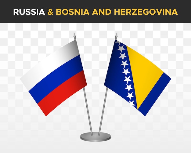 Russia vs Bosnia Herzegovina desk flags mockup isolated 3d vector illustration russian table flags