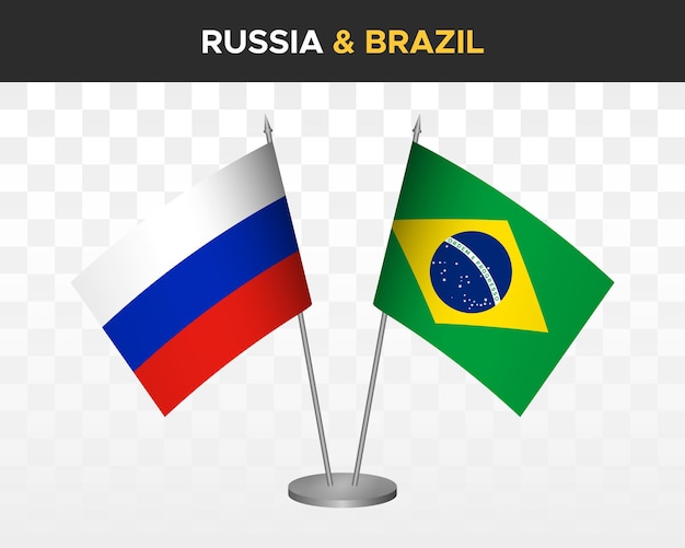 Mockup di bandiere da scrivania russia vs brasile isolato su bianco 3d illustrazione vettoriale bandiere da tavolo russe