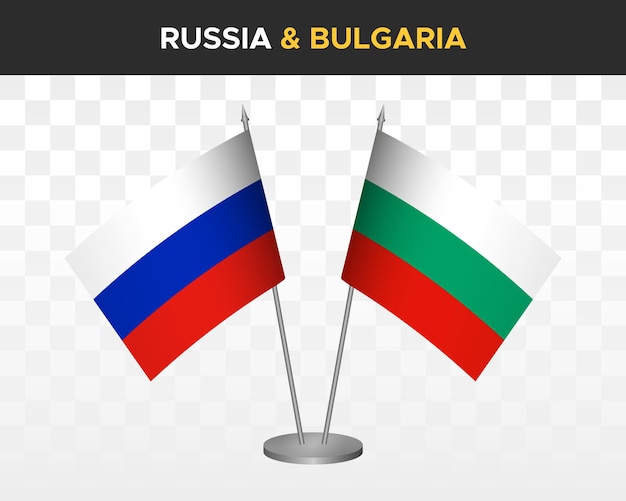 Mockup di bandiere da scrivania russia vs bulgaria isolato su bianco illustrazione vettoriale 3d bandiere da tavolo russe