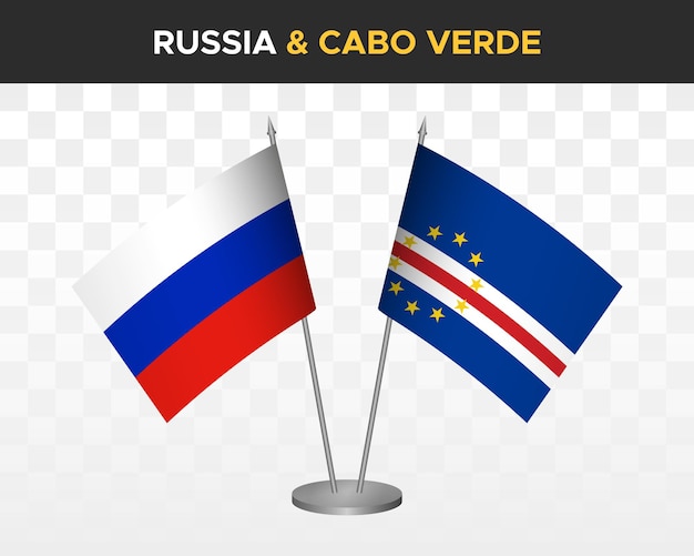 Russia vs capo verde bandiere da scrivania mockup isolato 3d illustrazione vettoriale bandiera russa da tavolo