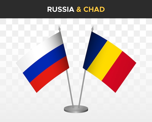 Mockup di bandiere da scrivania russia vs ciad isolato su bianco illustrazione vettoriale 3d bandiere da tavolo russe