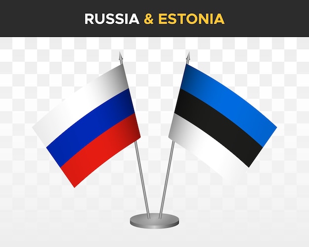 Mockup di bandiere da scrivania russia vs estonia isolato su bianco illustrazione vettoriale 3d bandiere da tavolo russe