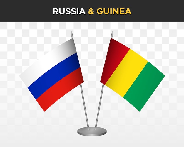 Mockup di bandiere da scrivania russia vs guinea isolato su bianco illustrazione vettoriale 3d bandiere da tavolo russe