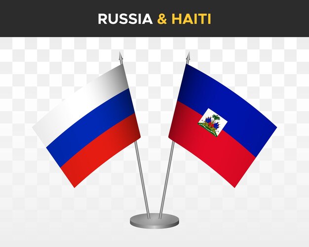 Mockup di bandiere da scrivania russia vs haiti isolato su bianco illustrazione vettoriale 3d bandiere da tavolo russe