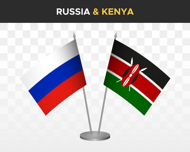 Mockup di bandiere da scrivania russia vs kenya isolato su bianco illustrazione vettoriale 3d bandiere da tavolo russe