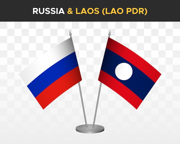 Russia vs Laos Lao PDR desk flags mockup isolated on white 3d vector illustration russian table flag