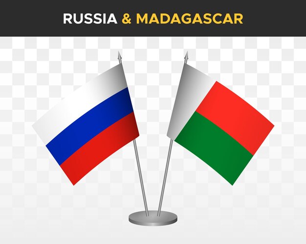 Russia vs Madagascar desk flags mockup isolated on white 3d vector illustration russian table flags