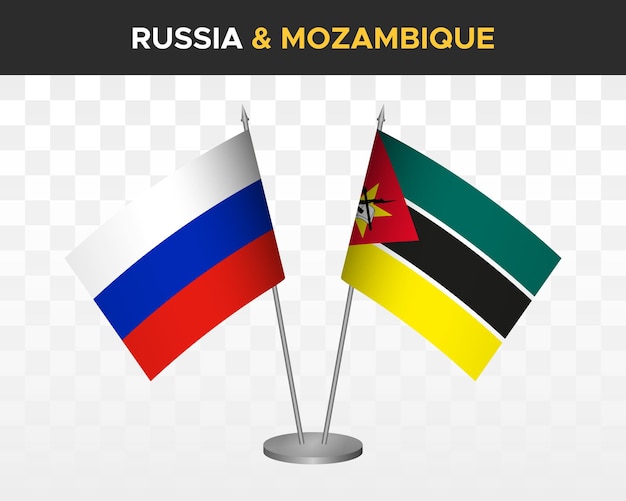 Mockup di bandiere da scrivania russia vs mozambico isolato su bianco illustrazione vettoriale 3d bandiere da tavolo russe