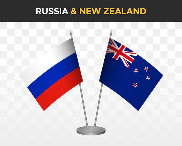 러시아 대 뉴질랜드 책상 플래그 이랑 흰색 3d 벡터 일러스트 레이 션에 고립 된 러시아 테이블 플래그