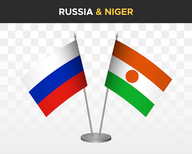 Mockup di bandiere da scrivania russia vs niger isolato su bianco illustrazione vettoriale 3d bandiere da tavolo russe