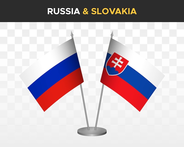 Russia vs Slovakia desk flags mockup isolated on white 3d vector illustration russian table flags