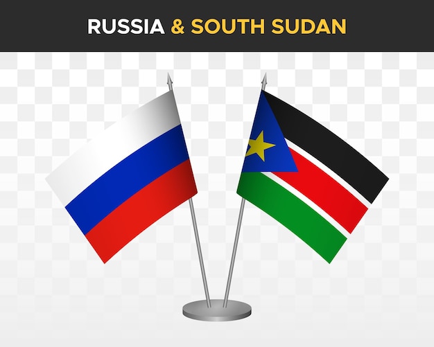 Russia vs South Sudan desk flags mockup isolated on white 3d vector illustration russian table flags