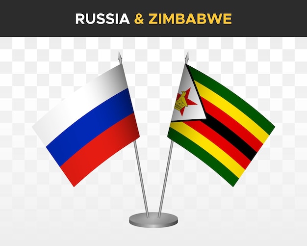 Russia vs Zimbabwe desk flags mockup isolated on white 3d vector illustration russian table flags