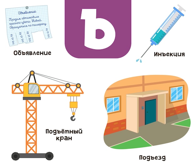 Russian alphabet. Written in Russian announcement, injection, crane, entrance