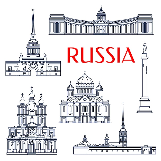 Vector russian architectural attractions thin line icons