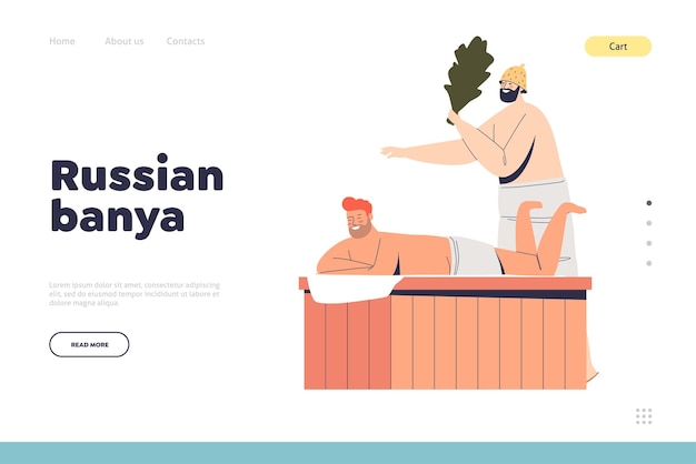 男性とのランディングページのロシアのバニャの概念は、サウナを訪れることを楽しんでいます。タオルで男はマッサージをします