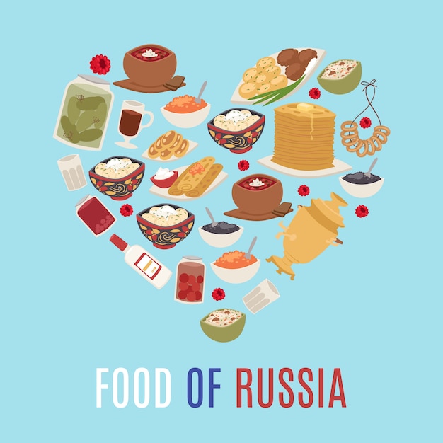 Вектор Русская кухня и национальная еда россии в форме сердца образуют иллюстрации с икрой, блинами, борщом и водкой.