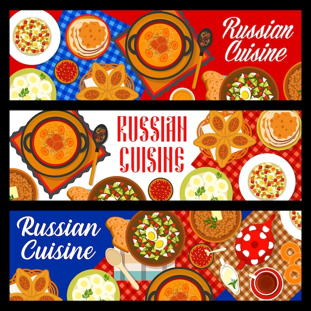 Russian cuisine banners traditional food dishes