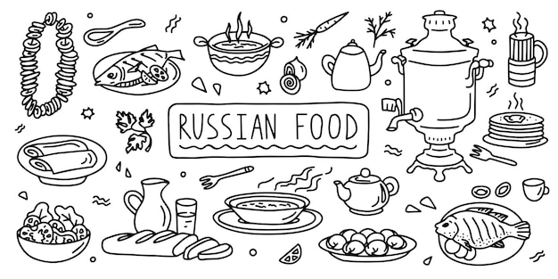 Russian cuisine food line simple doodle outline style vector stock black and white illustration
