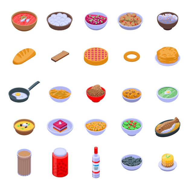 Vector russian cuisine icons set, isometric style